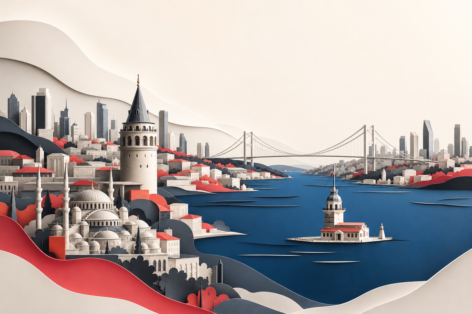 Go&Ride marka renkleriyle İstanbul Boğazı, Galata Kulesi ve Kız Kulesi illüstrasyonu